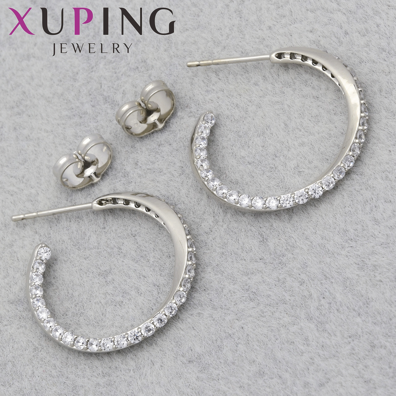 Серьги женские позолота фирма Xuping Jewelry родий гвоздики пуссеты с белыми стразами диаметр кольца 20 мм