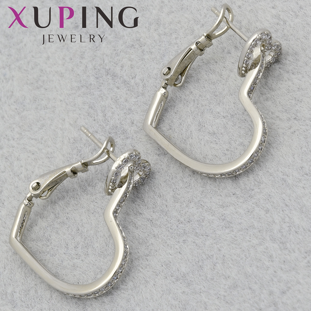 Серьги женские фирма Xuping Jewelry родий английская застёжка сердечки с кристаллами диаметр кольца 23 мм