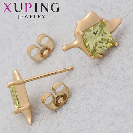 Серёжки Xuping Jewelry медицинское золото 18К гвоздики пуссеты листочки с цветными стразами размер 14х10 мм, фото 1