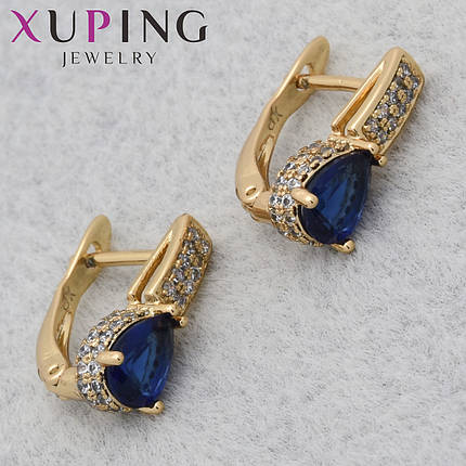Серёжки Xuping Jewelry медицинское золото 18К английская застёжка с синими и белыми стразами размер 14х6 мм, фото 1
