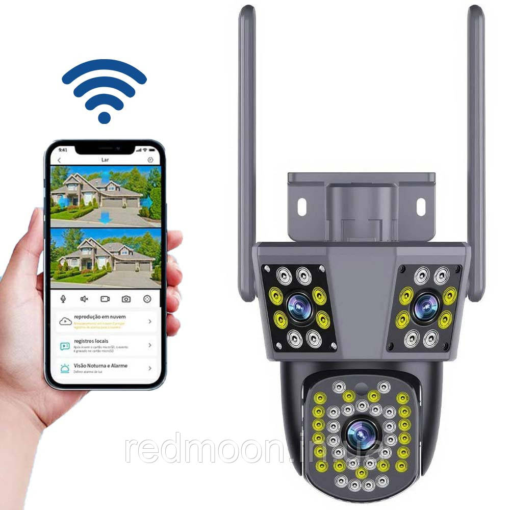 Вулична WIFI камера відеоспостереження 9MP, 6K, 3 об'єктиви / IP камера спостереження з передачею на телефон