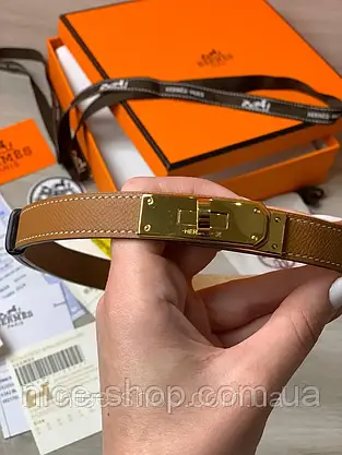 Ремінь шкіряний коричневий  H.E.R.M.E.S, пряжка золото, фото 3