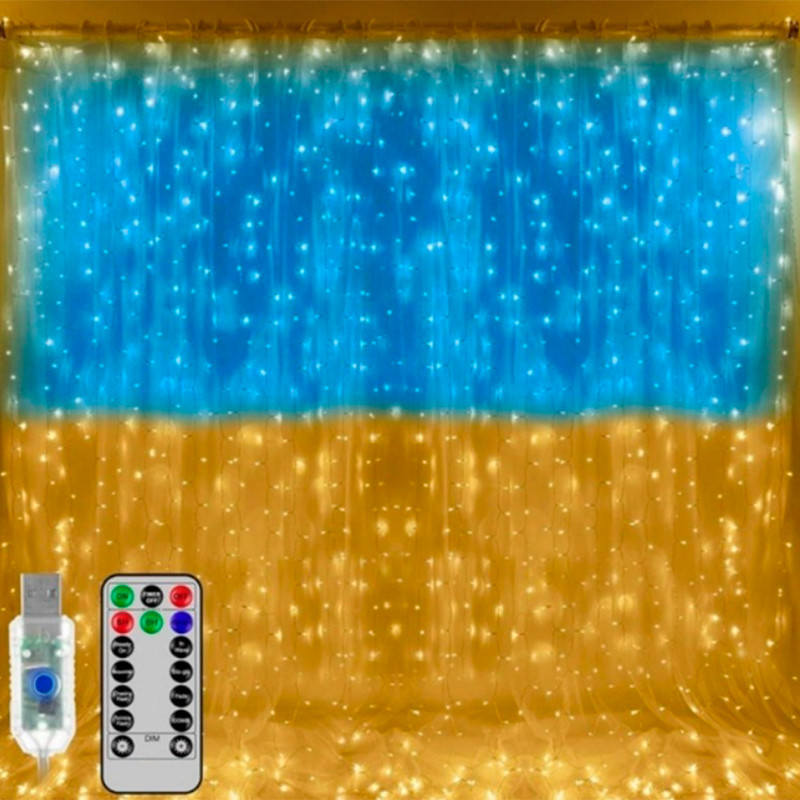 Світлодіодна гірлянда "Штора прапор України" з пультом 3x3 метра від USB
