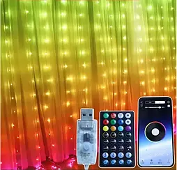 Розумна новорічна смарт-гірлянда штора з керуванням через смартфон та пульт LED 3х3 м APP Bluetooth USB M