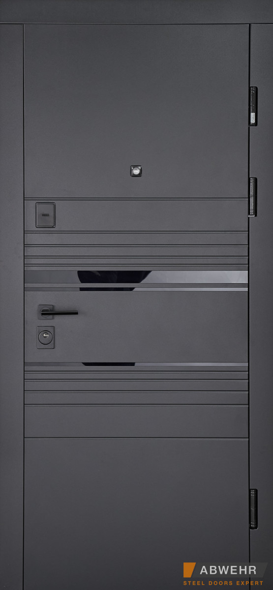 Двері вхідні, квартировані ABWEHR. Модель 554/0 SUNSET Колір Чорна шагрень / Білий супермат