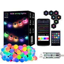 Розумна новорічна світлодіодна вулична смарт гірлянда з лампочками кулями RGB 10м APP Bluetooth USB + пульт M