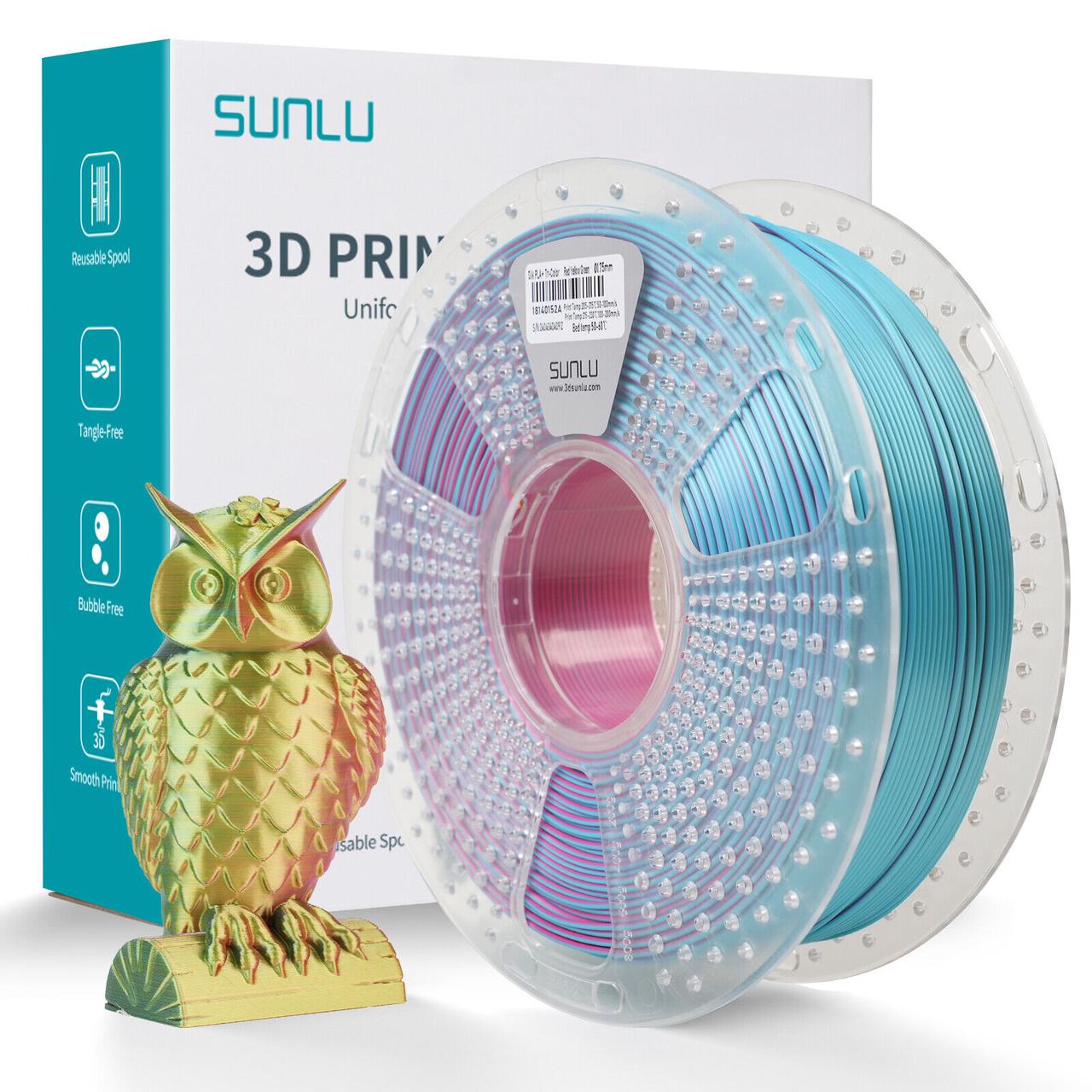 Пластик філамент для 3Д-друку SUNLU Silk PLA+ Tri-Color Red Yellow Green, RS v3, 1.75мм, 1кг, 205-230°C, Червоний Жовтий Зелений