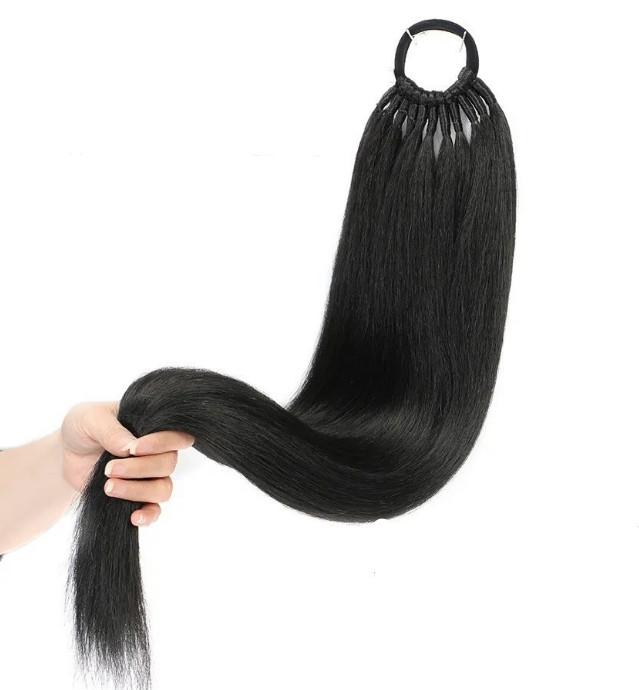 Накладний хвіст чорний прямий No1В на гумці 80 см шиньйон термосхідний рівний, фото 1