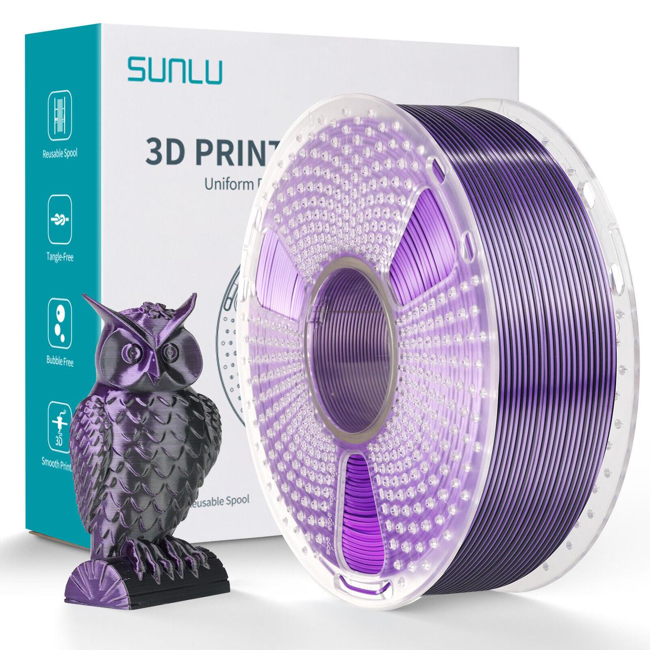 Пластик SUNLU Silk PLA+ Dual Color Black Purple, RS v3, 1.75мм, 1кг, 205-230℃, Чорний Фіолетовий філамент для 3Д-друку, фото 1