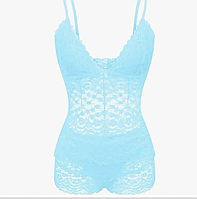 Жіноча піжама шортики топ ніжно блакитного кольору мереживна на бретельках