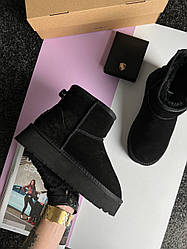 Жіночі замшеві теплі зимові Уги UGG Classic Mini Platform Black Fur, чобітки, черевики чорні на хутрі