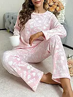 Пижама женская плюшевая Сердца Розовая S Махровая пижама для девушек Флисовый комплект для дома