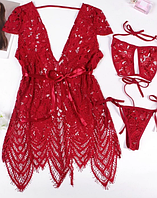 Жіночий яскраво-червоний комплект "Мережевий халат з комплектом білизни"
