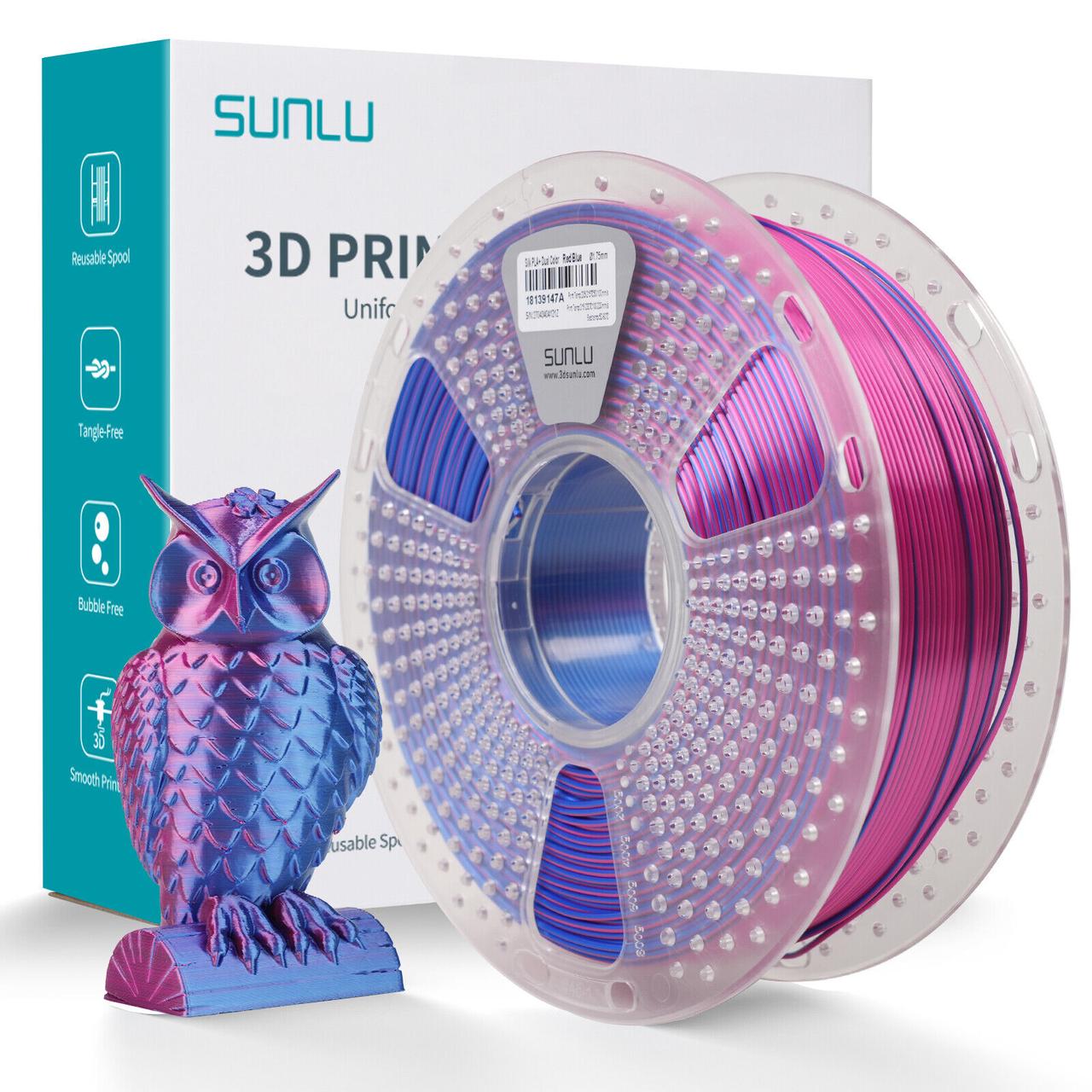 Пластик/філамент для 3D-друку SUNLU Silk PLA+ Dual Color Red Blue (02441028Z), ReusableSpool, 1.75mm, 1kg, 205-230°C/ Червон Синій