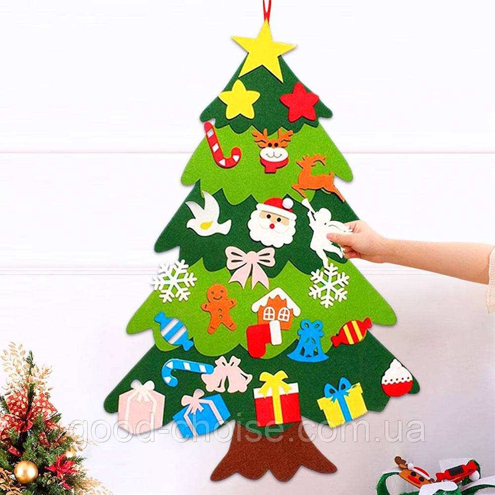 Дитяча ялинка + 25 іграшок з фетру (100х59 см) Christmas Free / Безпечна новорічна ялинка для дітей, фото 1