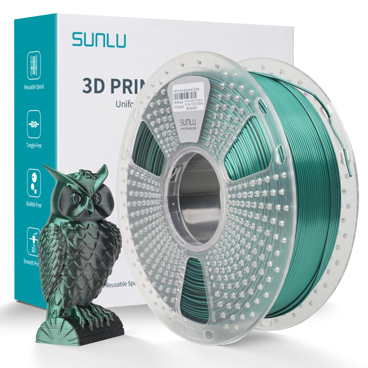 Пластик філамент для 3Д-друку SUNLU Silk PLA+ Dual Color Black Green (02740907Z), ReusableSpool, 1.75, 1кг, 205-230℃, Чорний Зелен