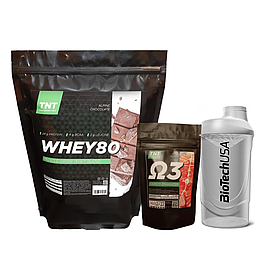Комплект: Сироватковий протеїн 80% TNT, Омега-3 TNT+ шейкер.