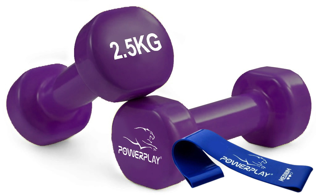 Гантелі вінілові PowerPlay 4125 Achilles 2*2.5 кг. Фіолетові (пара - 2шт.) + Резинка для фітнесу 7,5кг