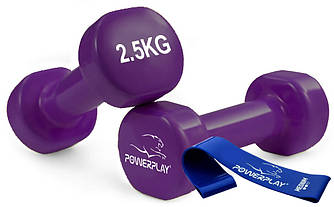 Гантелі вінілові PowerPlay 4125 Achilles 2*2.5 кг. Фіолетові (пара - 2шт.) + Резинка для фітнесу 7,5кг
