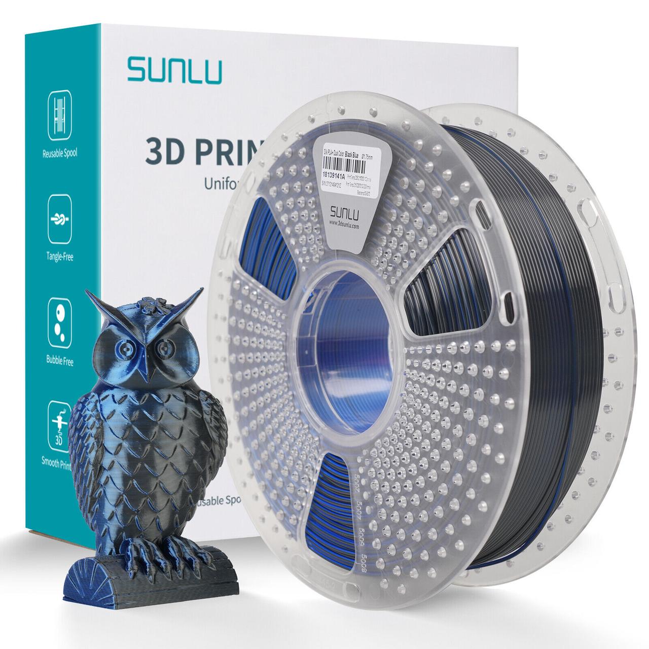 Пластик філамент для 3Д-друку SUNLU Silk PLA+ Dual Color Black Blue (02740908Z), RS, 1.75мм, 1кг, 205-230°C, Чорний Синій