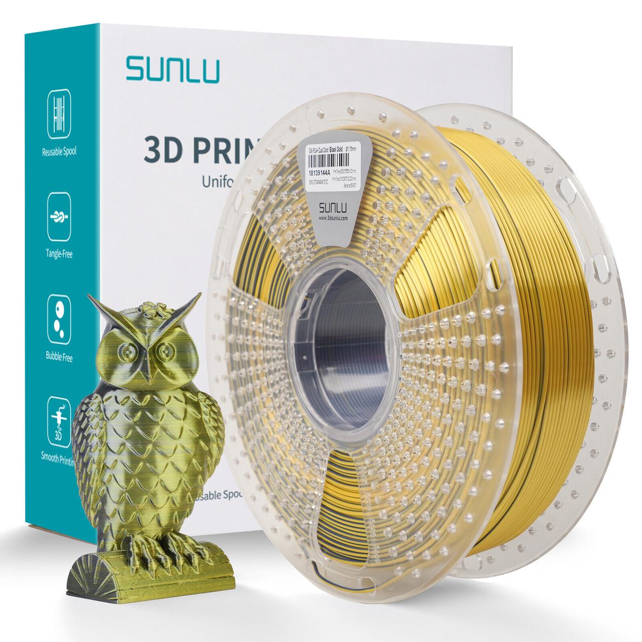 Пластик філамент для 3Д-друку SUNLU Silk PLA+ Dual Color Black Gold (02640908Z), ReusableSpool, 1.75, 1кг, 205-230°C, Чорний Золот
