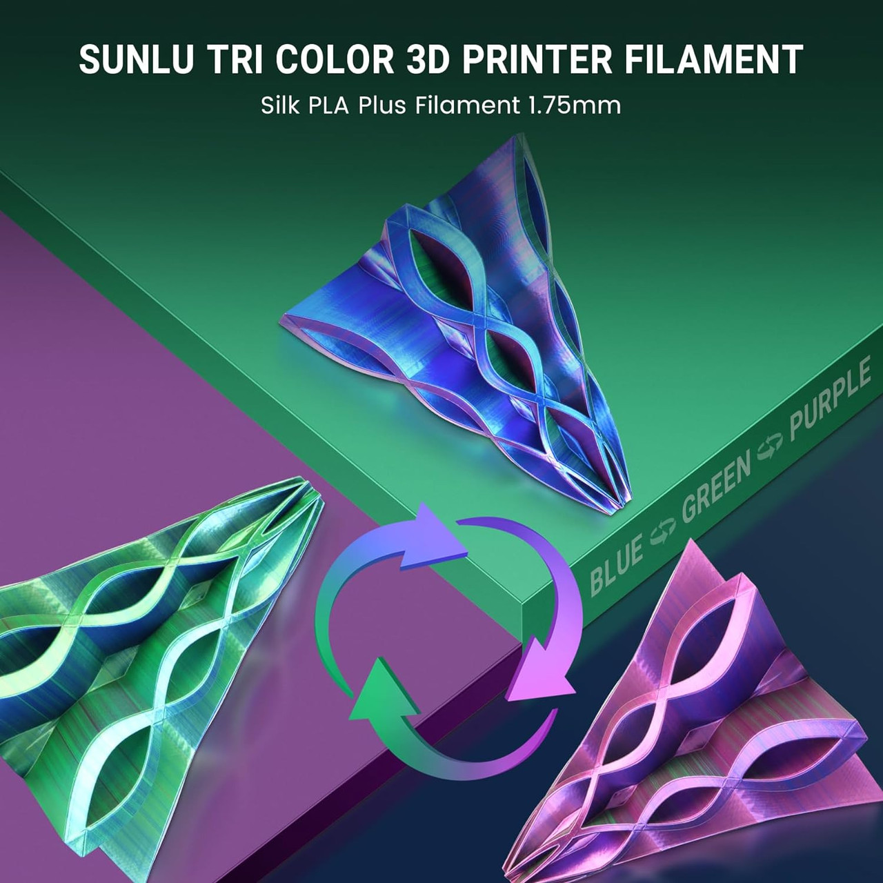 Пластик філамент SUNLU Silk PLA+ Tri-Color Blue Green Purple, Reusable Spool, 1kg