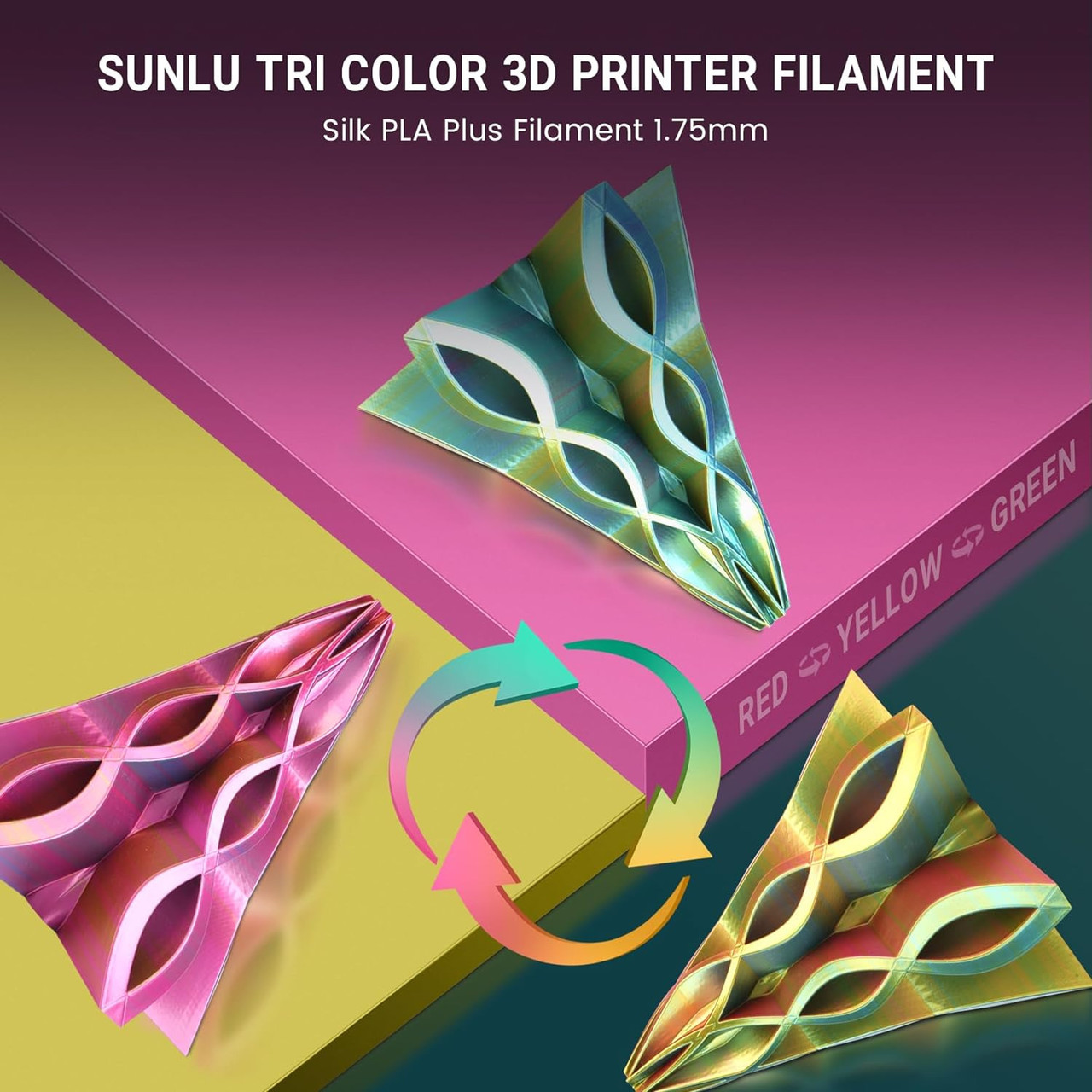 Пластик філамент SUNLU Silk PLA+ Tri-Color Red Yellow Green, Reusable Spool, 1kg