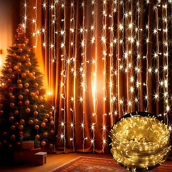 Гірлянда-штора на 3х2 м новорічні прикраси для декору будинку Гірлянда на прозорому дроті від мережі