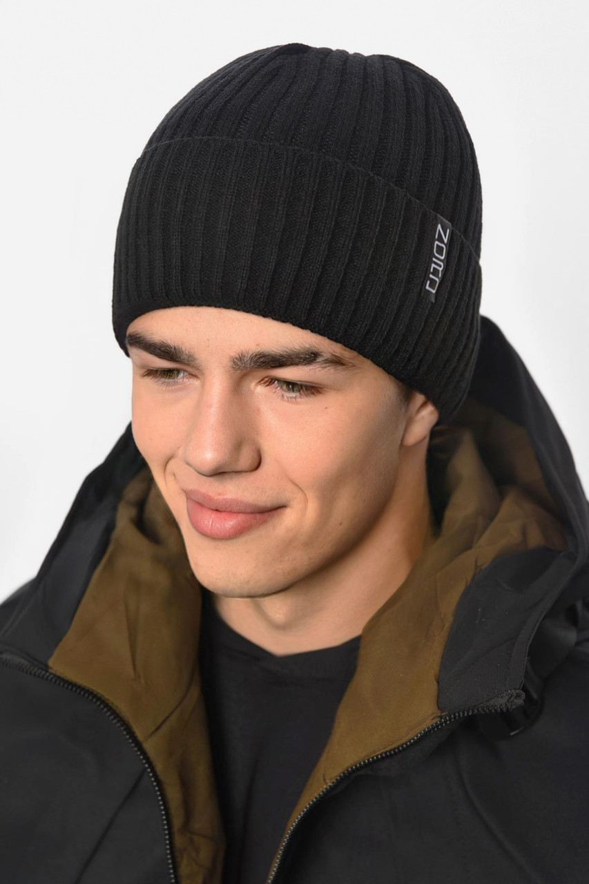 Шапка чоловіча з підворотом на флісі чорного кольору 192425M, фото 1