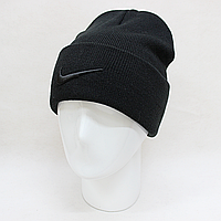 Тепла шапка найк (Nike) чорного кольору з чорною вишивкою на відвороті з боку ZE00099-8