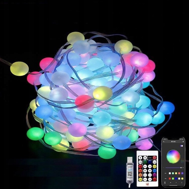 Розумна світлодіодна музична гірлянда 100LED, 10 м, кольорові RGB кульки з USB живленням та дистанційним керуванням