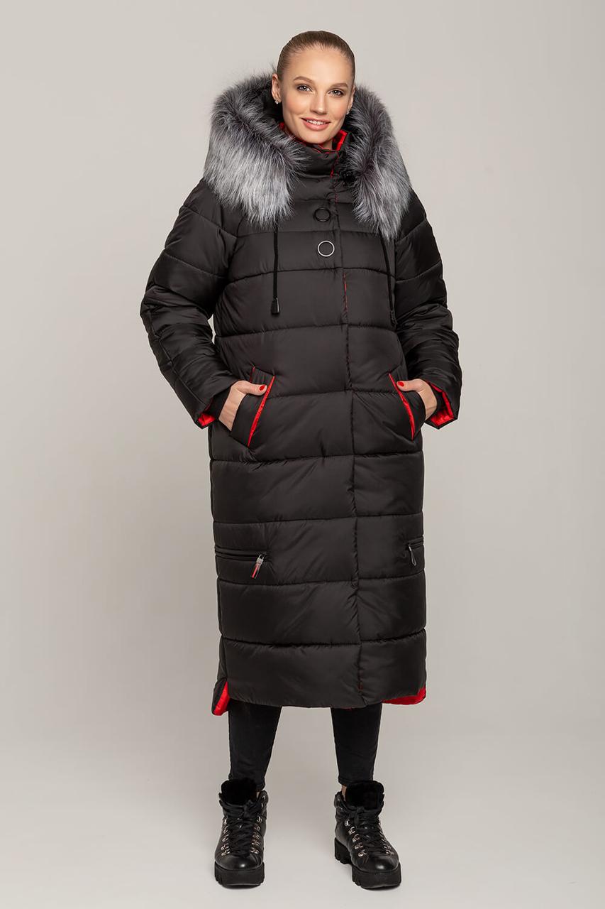 Практичний жіночий пуховик чорного кольору з хутряною опушкою, чорне жіноче зимове пальто з плащівки, фото 1
