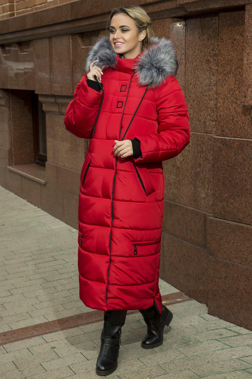Яскравий жіночий пуховик червоного кольору з хутряною опушкою, молодіжне жіноче зимове пальто з плащівки, фото 1