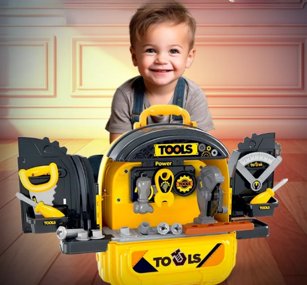 Дитячий іграшковий набір 3 в 1 у рюкзаку інструменти слюсарна майстерня СТО дорожні знаки фігурка машинка, фото 1