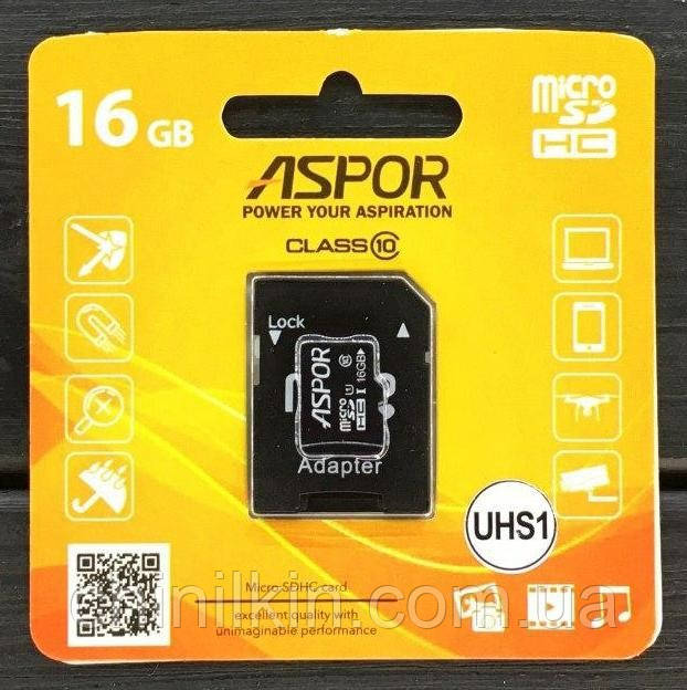 Карта пам`яті Aspor MicroSDHC 16GB UHS-I (Class 10) + SD adapter, фото 1