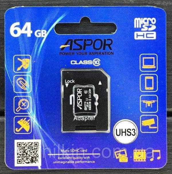 Карта пам`яті Aspor MicroSDHC 64GB UHS-III (Class 10) + SD adapter, фото 1