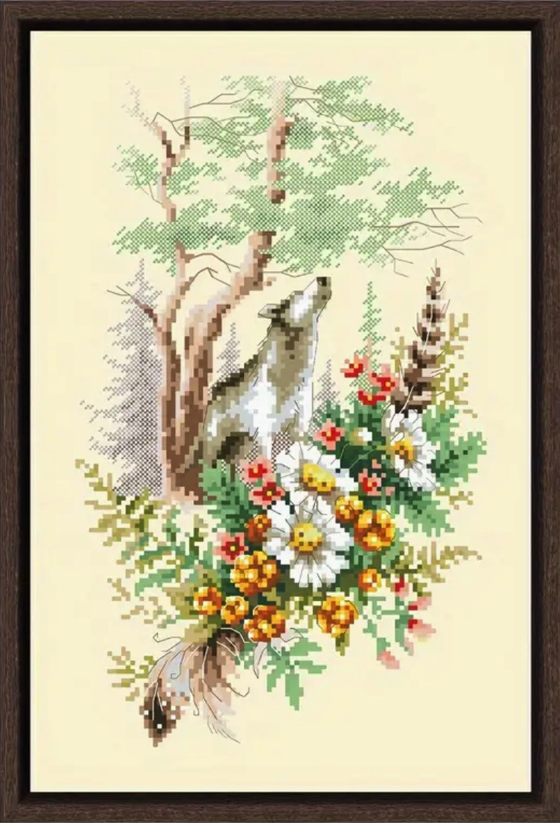 Набір для вишивання БЕЗ нанесеної на канву схеми "Howling wolf in the forest". AIDA 14CT , 22*33 см, фото 1