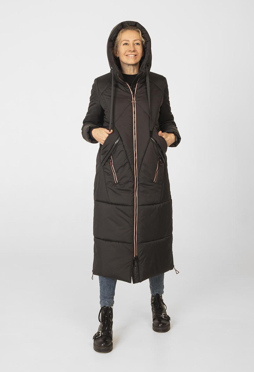 Стильний довгий зимовий жіночий пуховик чорного кольору, жіноче зимове чорне пальто з плащівки, фото 1