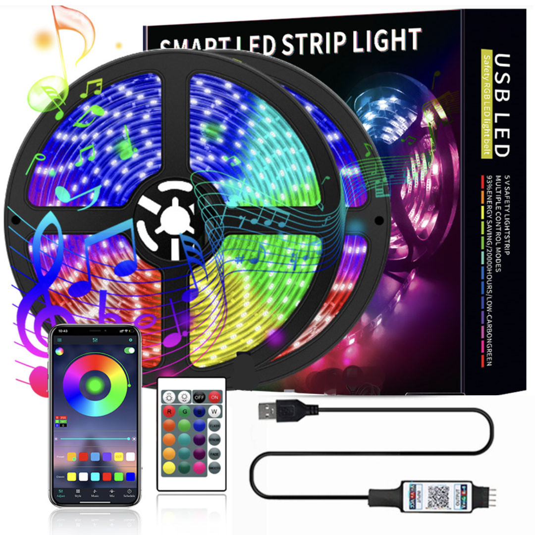 Світлодіодна RGB стрічка 5м Bluetooth USB з керуванням через додаток та пульт, фото 1