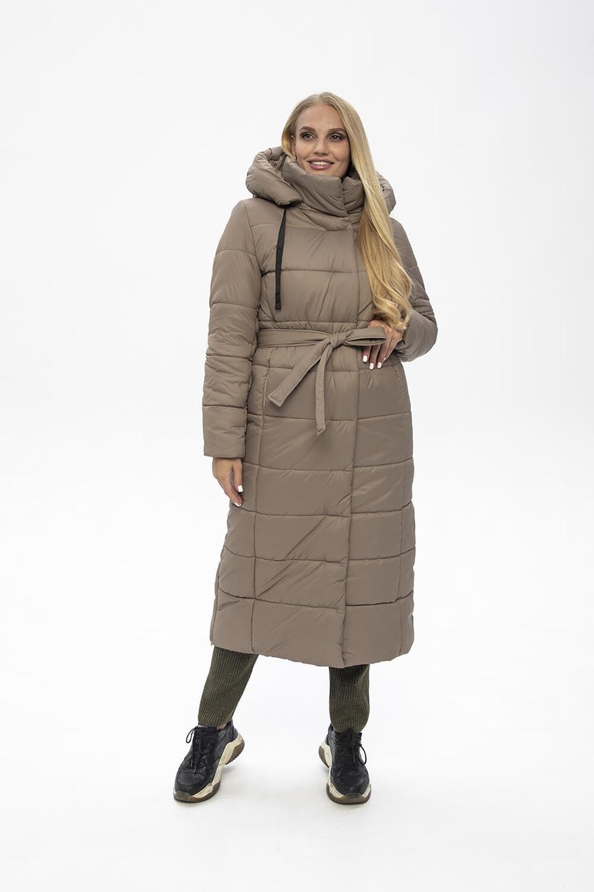 Красивое женское зимнее пальто с поясом, женский бежевый пуховик с капюшоном, фото 1