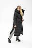 Стильне женское зимнее чорне пальто с поясом, женский чорний пуховик с капюшоном, фото 2