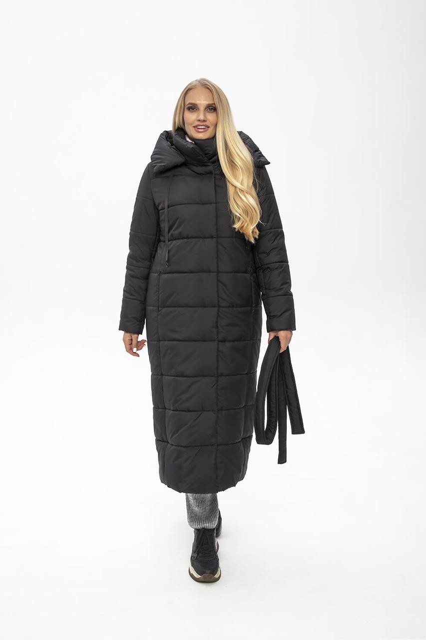 Стильне женское зимнее чорне пальто с поясом, женский чорний пуховик с капюшоном, фото 1