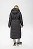 Стильне женское зимнее чорне пальто с поясом, женский чорний пуховик с капюшоном, фото 4
