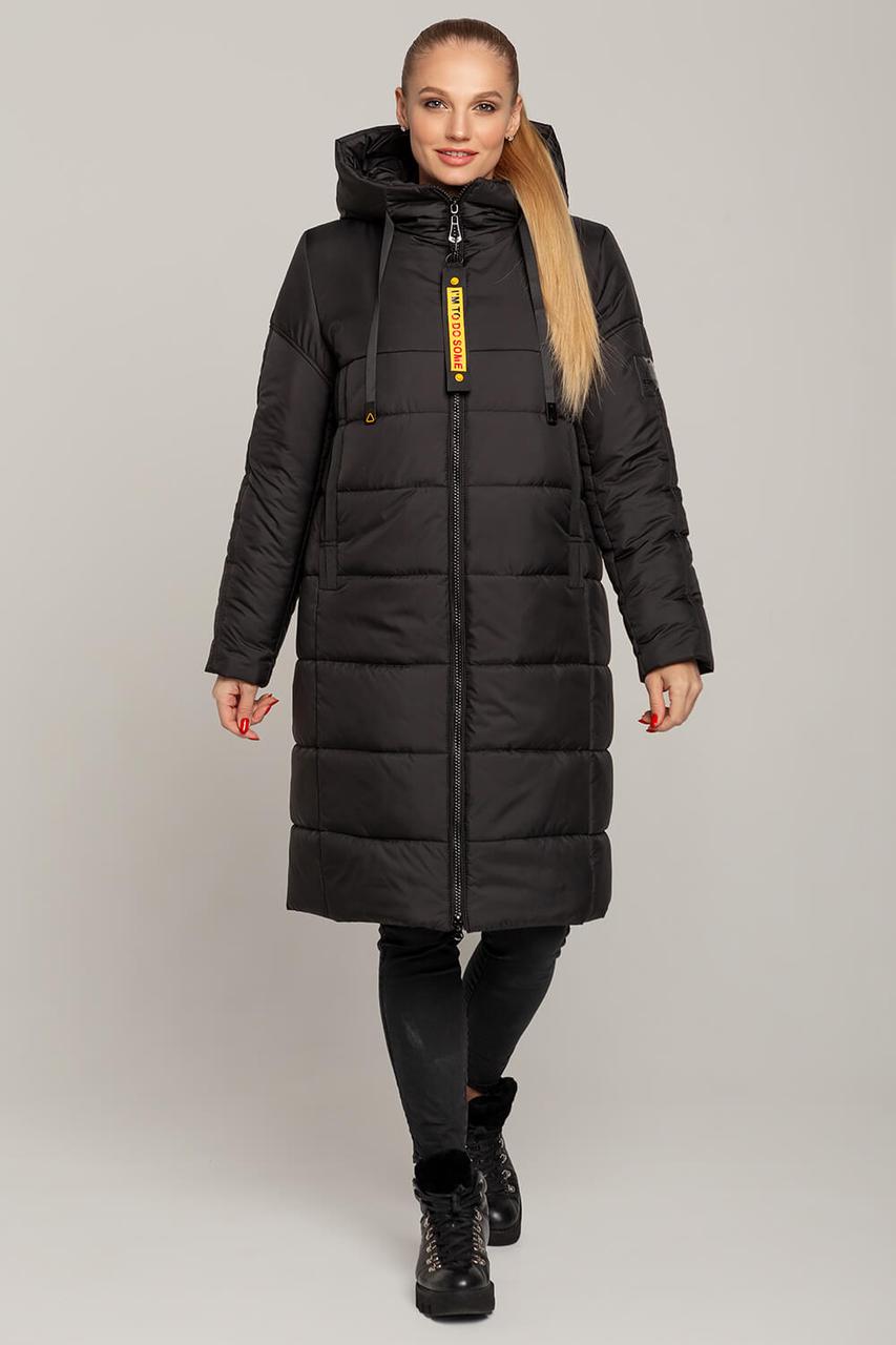 Стильний жіночий пуховик чорного кольору до коліна з капюшоном, фото 1