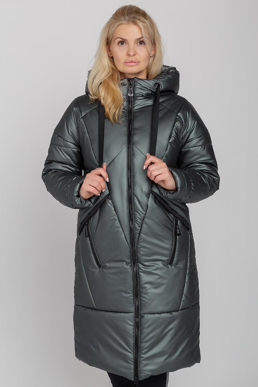 Гарне тепле жіноче зимове стьобане пальто з капюшоном, жіночий пуховик оливкового кольору, фото 1