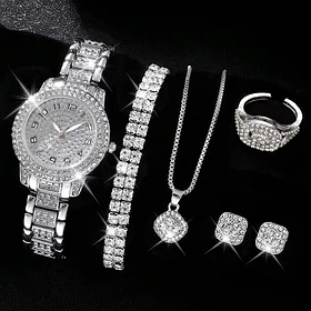 Подарунковий жіночий набір наручний кварцовий годинник Versatile Luxury Diamond ланцюжок з кулоном, браслети, каблучка і сережки