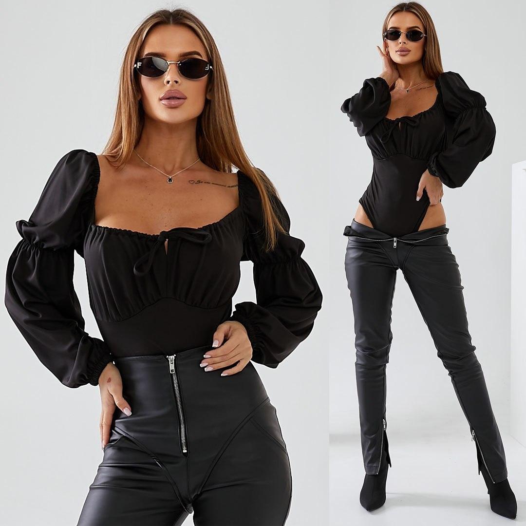 Чорне жіноче боді на зав'язках спереду, фото 1