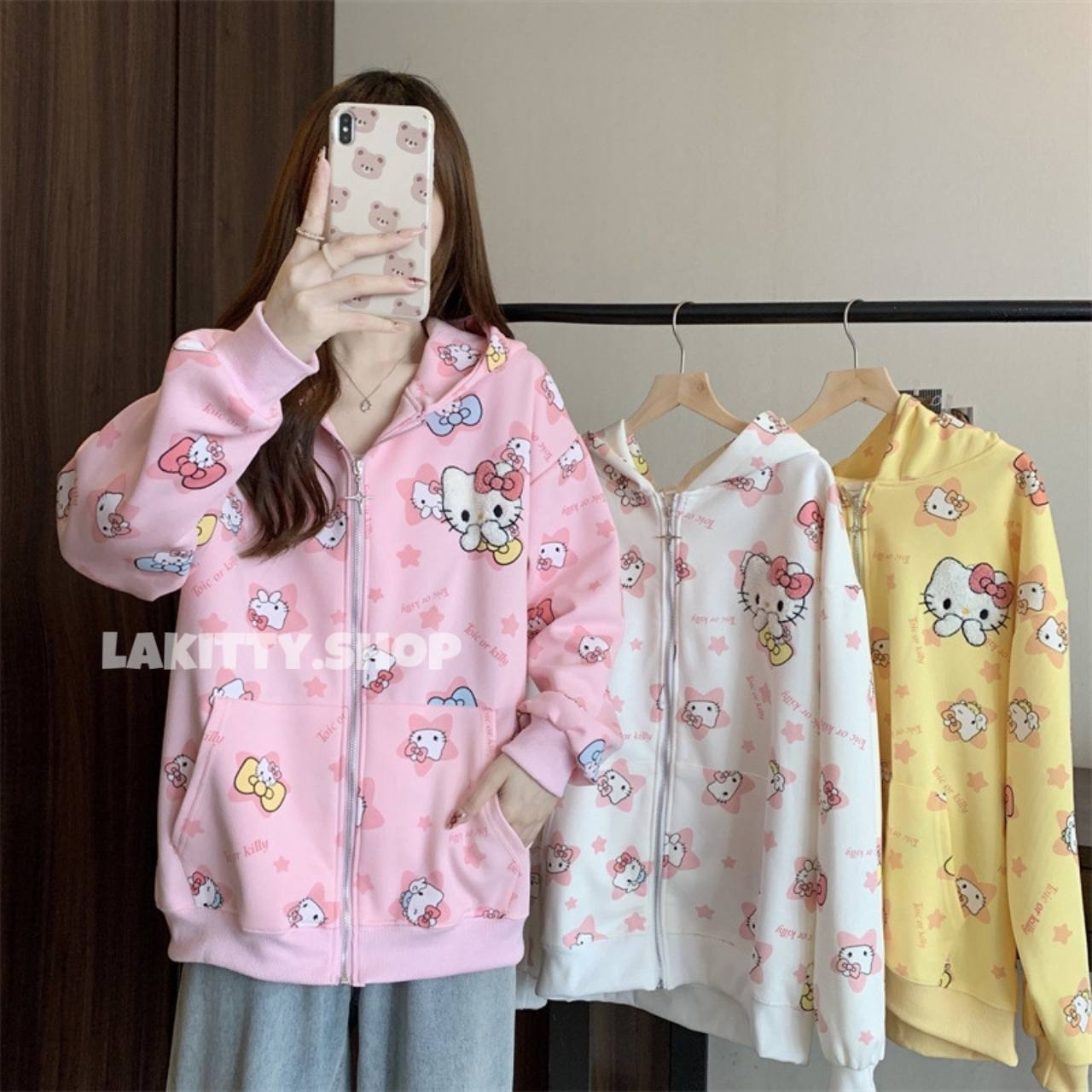 Кофта хелоу кіті оверсайз. Зіпка Hello Kitty. Тепла худі для дівчини. Рожева / Біла / Жовта