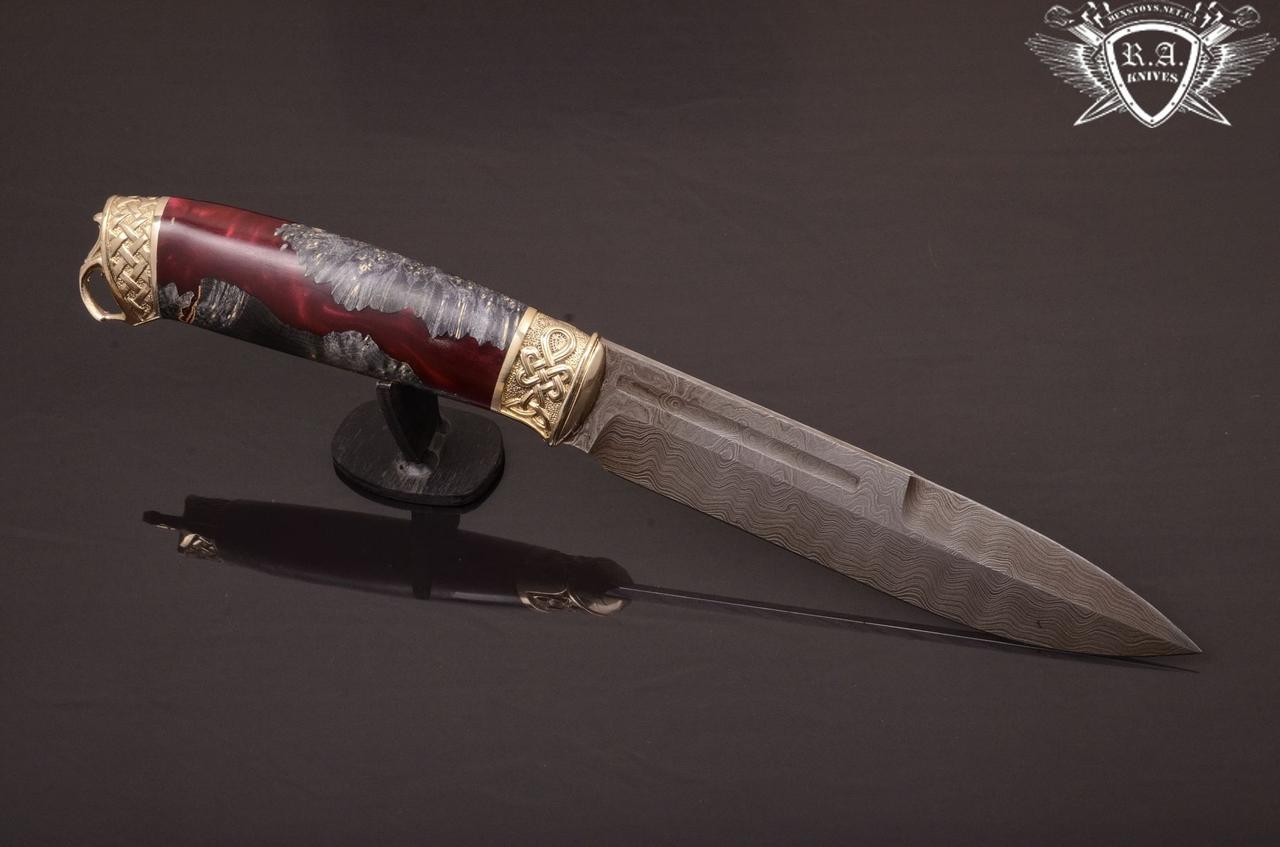 Ніж ручної роботи «Окопник 2» 170х30х4.3мм з дамаської сталі та руків'ям з гібрида, фото 1