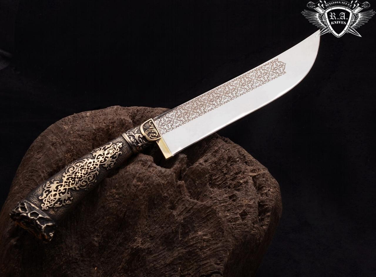 Ніж ручної роботи «Пчак мисливський» 160х36х3мм з інструментальної сталі та руків'ям з мельхіору, фото 1